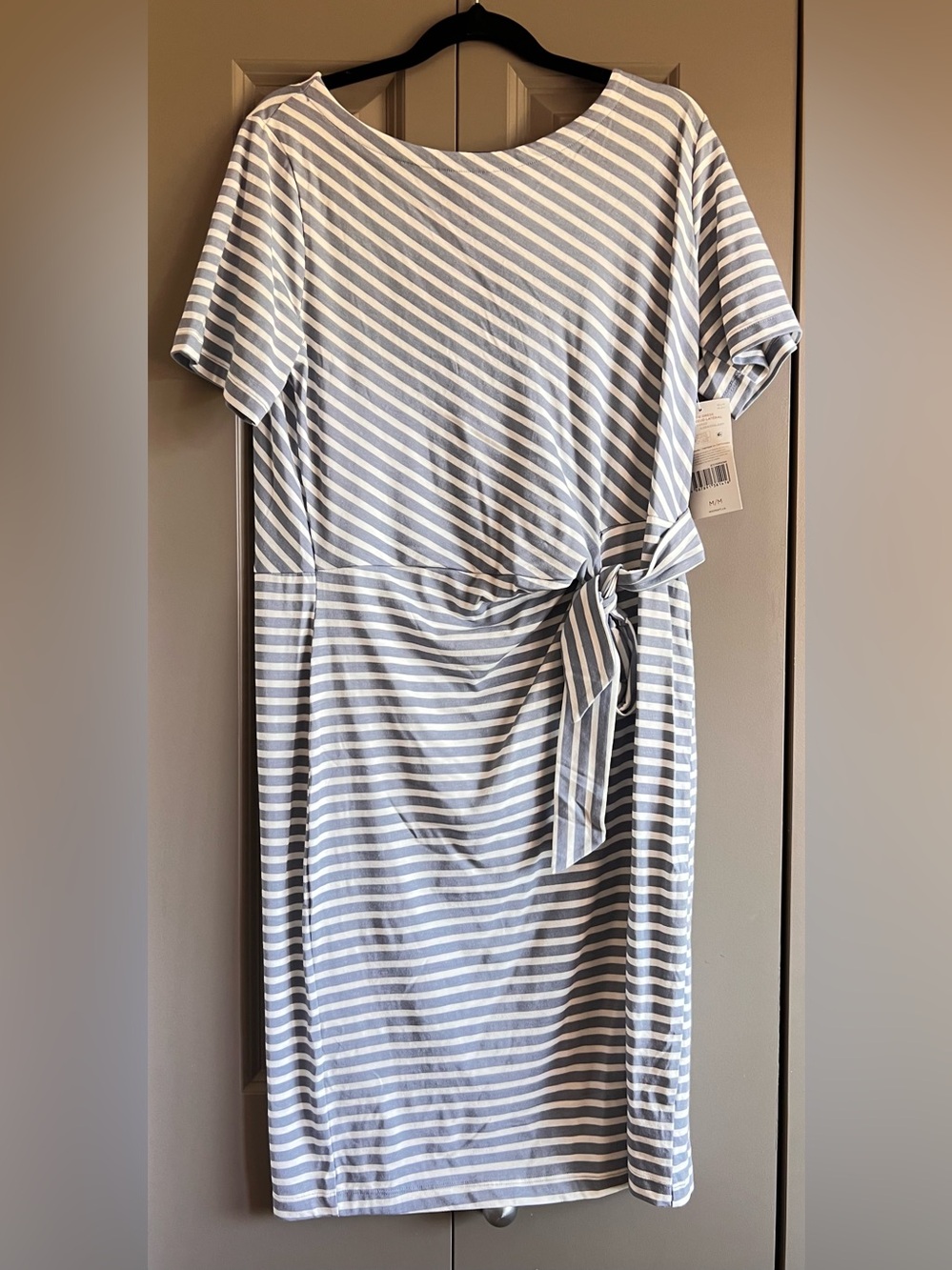 Striped Blue and White Tie-Waist Midi Dress